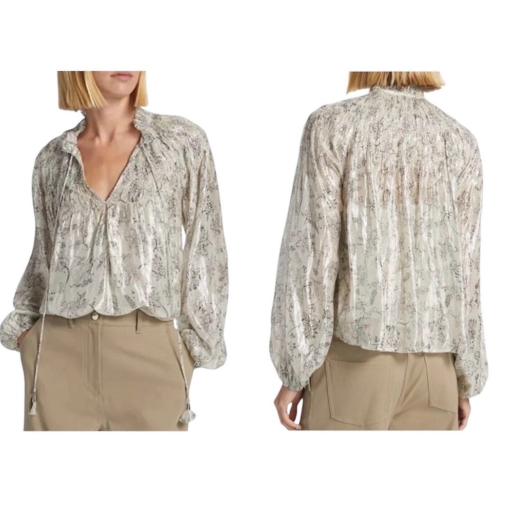 Love the Label Sabina Lurex Blouse Cream Silver NWT Floral Metallic